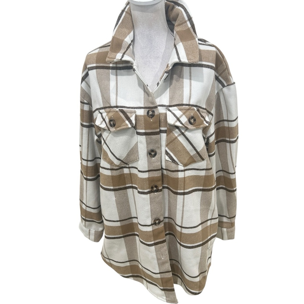 Moonbeam plaid Button Down Shirt Shacket Brown, tan, cream size large